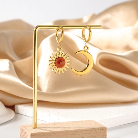Pendientes Colgantes Asimétricos Sol Y Luna Acero Inoxidable Con Incrustación Cuenta Roja Joyería Celestial Para Mujer
