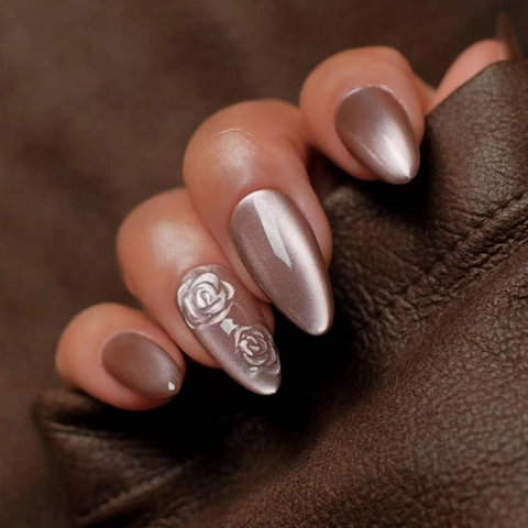 3D Rose Katzenauge Aufpressnägel Braun Mandelform Künstliche Falsche Nagelspitzen Elegant Für Frauen