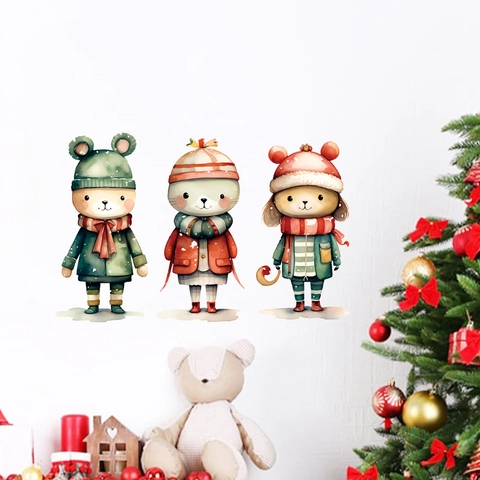 Autocollants Muraux De Noël Animaux D Hiver Dessin Animé Aquarelle PVC Stickers Amovibles Pour Chambre D Enfant Déco
