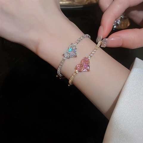 Bracelet Bolo Ajustable Pour Femmes Cuivre Plaqué Or Zirconium Coeur Géométrique Style Tennis Bijoux Vintage