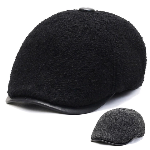 Men Winter Warm Flat Cap Faux Lamb Wool Ivy Hat With Ear Flaps PU Leather Brim Fleece Lined Outdoor Newsboy Hat