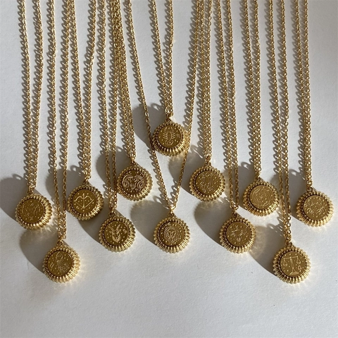 Collier Signe Du Zodiaque Plaqué Or 18K Acier Titane Pendentif Pièce Ronde Constellation Bijoux Rétro Femmes