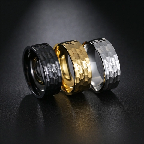 Hammered Titanium Steel Ring For Men Women Minimalist Punk Band Ring Electroplated 8 Gold Silver Black Fashion Jewelry Gift