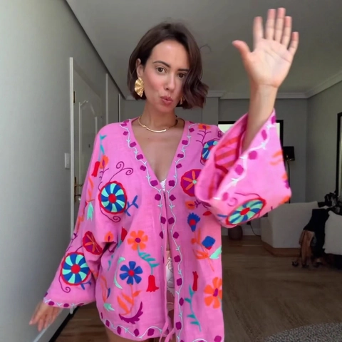 Women Boho Floral Embroidered Cardigan Jacket Loose Long Sleeve Tie Front Casual Vacation Outerwear Pink