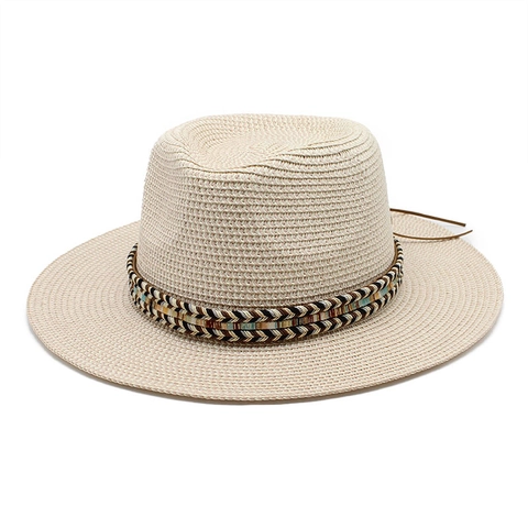Ethnic Woven Band Straw Fedora Hat Summer Beach Sun Protection Breathable Outdoor Panama Style Travel Sunshade Hat