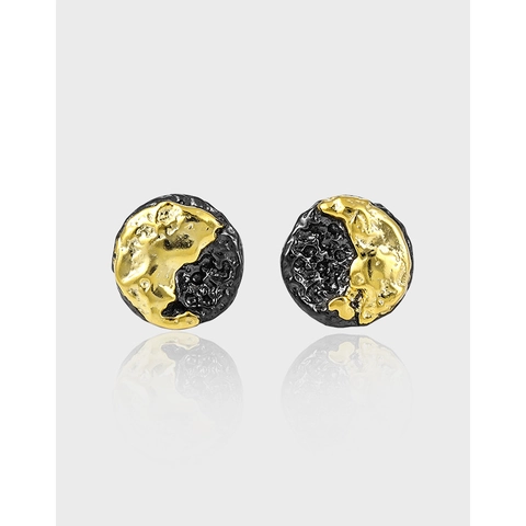 Orecchini a Bottone Bicolore in Argento Sterling S925 per Donna Placcati in Oro 18K Texture Lavica Geometrici Rotondi Retro Gioielli di Nicchia