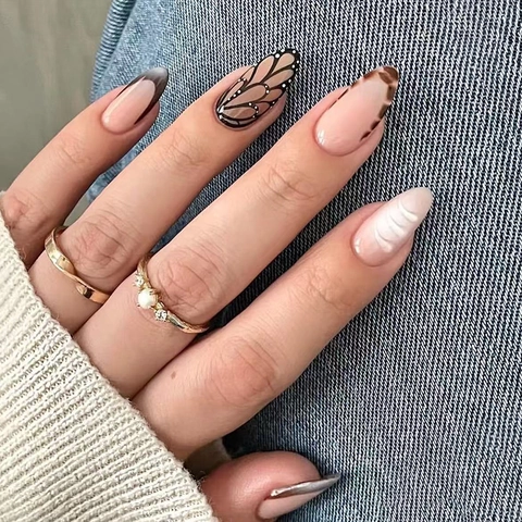 Almond Press On Nails ABS Leopard Print Butterfly Wings French Gradient Glossy Artificial Finger Nails For Women