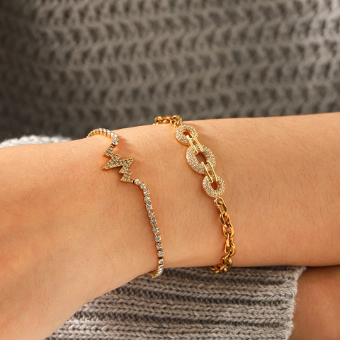 Stainless Steel Gold Plated Bracelet Cubic Zirconia Heartbeat Pulse Interlocking Rings Adjustable Jewelry For Women