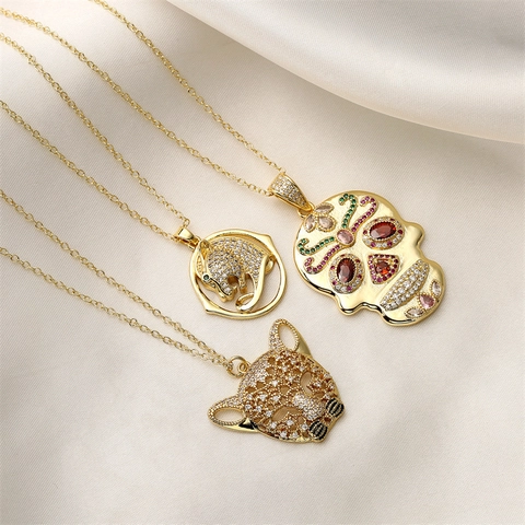 Hip Hop Pendant Necklace Copper Gold Plated With Colorful Cubic Zirconia Skull Eagle Leopard Animal Head Jewelry For Men Women Trendy