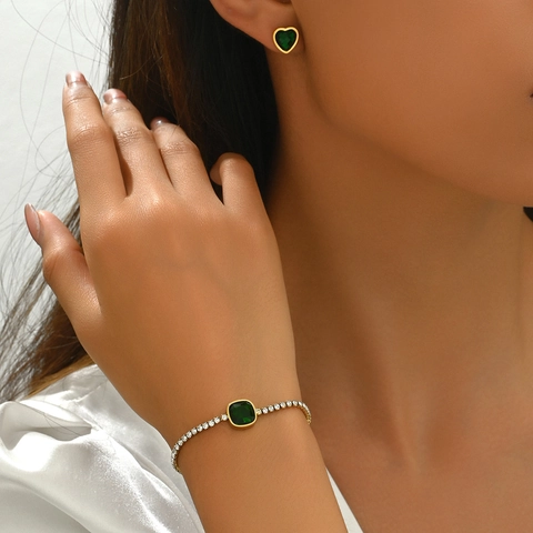 Collar Pendientes Pulsera De Acero Inoxidable Chapado En Oro Con Circonita Verde Corazón Y Cuadrado Accesorios Vintage Para Mujer