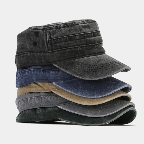 Vintage Washed Cotton Cadet Cap Military Flat Top Hat Adjustable Breathable Unisex Retro Outdoor Sunshade Accessory
