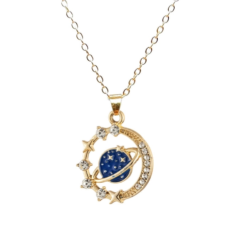 Collana Pendente Pianeta Lega Smalto Blu Strass Celeste Stella Luna Minimalista Sognante Gioielli Donne