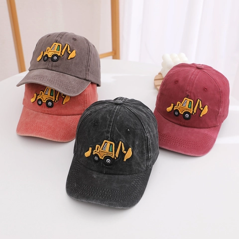 Kids Boys Washed Cotton Excavator Embroidered Baseball Cap Adjustable Outdoor Sun Hat Cartoon Casual Children Birthday Gift