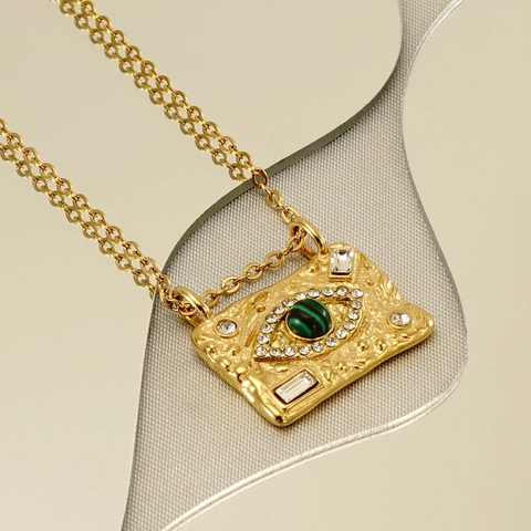 Evil Eye Anhänger Halskette 18K Vergoldet Edelstahl Hammerschlag Textur Malachit Zirkon Eingelegt Schlüsselbein Kette Damen