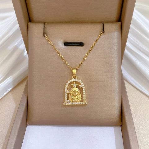 Collar Con Colgante De La Virgen María En Arco Cadena De Acero Inoxidable Cobre Circonita Joyería Religiosa Para Mujer