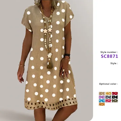 Polkadot Midi Jurk Voor Dames V-Hals Korte Mouwen Opengewerkte Zoom Bohemien Casual Zomer Polyester