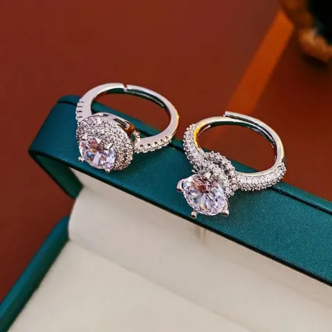 Funkelnder Runder Zirkonia Ring Kupfer Verstellbares Offenes Design Leichter Luxus Eleganter Schmuck Für Damen Mode Geschenk
