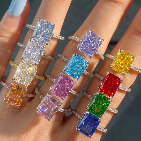 Anillo de Plata de Ley S925 Con Circonia Corte Radiant Rectángulo Geométrico Corte Esmeralda Gema Anillo para Mujer Joyería de Lujo