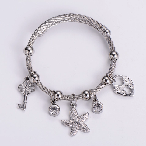 Stainless Steel Twisted Cable Bangle Starfish Key Heart Lock Charms Bohemian Ocean Style Bracelet Women Rhinestone