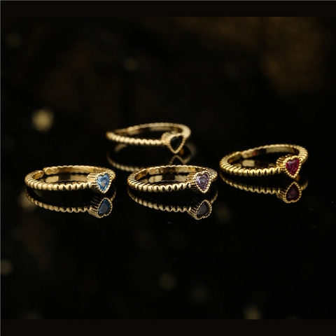 Heart Zircon Ring Copper 18K Gold Plated Beaded Textured Band Open Adjustable Fashion Minimalist Jewelry For Women