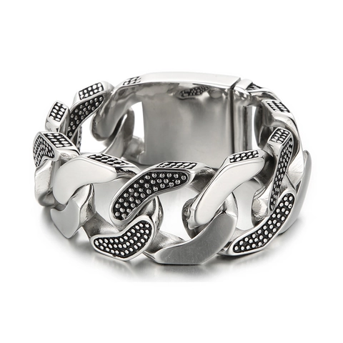 Men Heavy Wide Cuban Link Bracelet Stainless Steel Industrial Punk Style Silver With Black Polka Dot Pattern Jewelry
