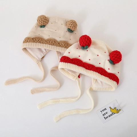 Peuter Winter Gebreide Muts Met Oorflappen Schattige Aardbei Pom Pom Beanie Voor Jongens Meisjes Een Tot Vier Jaar Oud