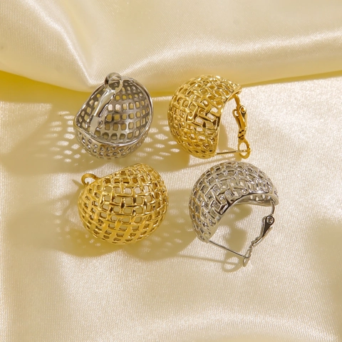 Orecchini a Clip in Acciaio Inossidabile Placcati Oro 14K Con Rete Cava Semisferica Orecchini a Cerchio Geometrici Minimalisti Donna