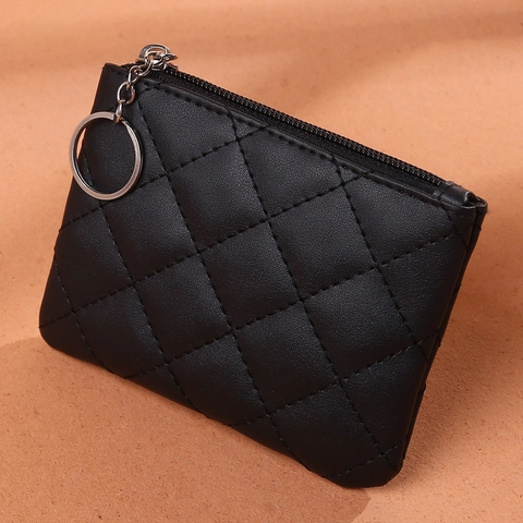 Quilted PU Leather Coin Purse For Women Mini Zipper Wallet With Keychain Portable Rhombic Pattern Small Pouch