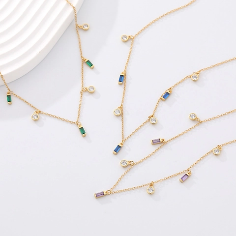 925 Sterling Silver Geometric Zirconia Pendant Necklace For Women Elegant Gold Plated Square Round Tassel Clavicle Chain Jewelry