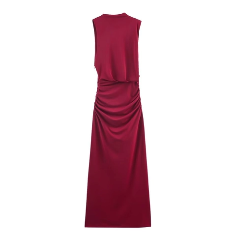 Sleeveless Maxi Dress Knitted Ruched Waist High Neck Bodycon Slim Fit Elegant Evening Party Gown For Women