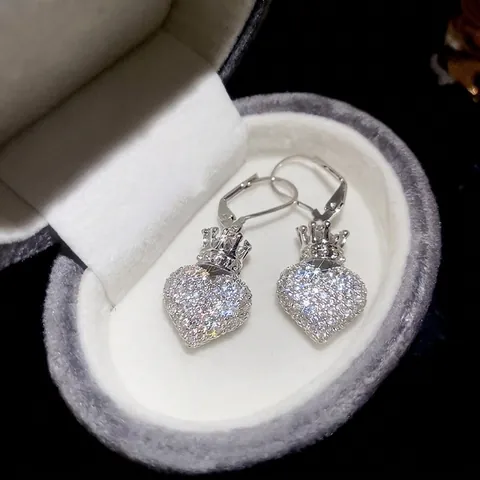 Crown Heart Leverback Earrings Copper Cubic Zirconia Inlaid With 925 Sterling Silver Earring Post Light Luxury For Women