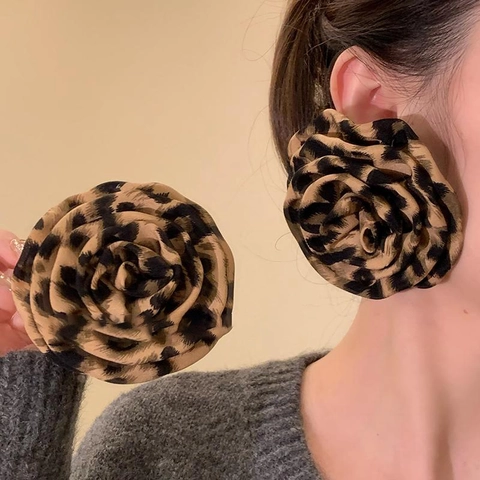 Leopard Print Fabric Rose Flower Stud Earrings With 925 Sterling Silver Earring Post Retro Fashion Floral Women