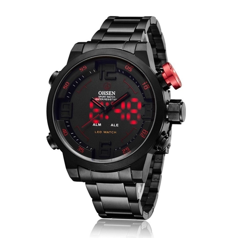 Men Sport Watch Stainless Steel Band Waterproof Dual Display LED Digital Analog Quartz Luminous Business Tactical Wristwatch