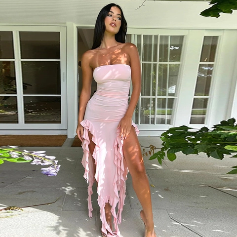 Tube Top Maxi Dress Polyester Strapless High Slit Ruffle Hem Hollow Out Ruched Bodycon Party Evening For Women