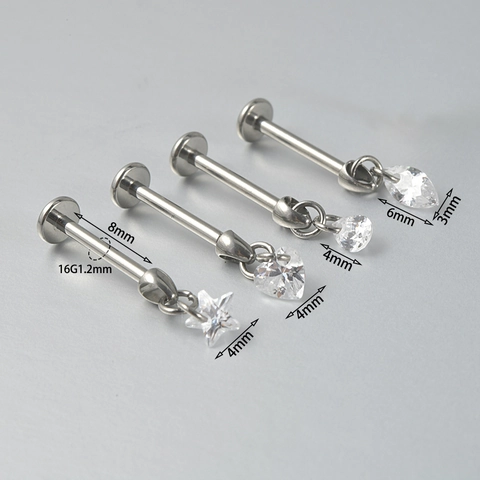 G23 Titanium Internally Threaded Labret Lip Studs With Zircon Heart Star Teardrop Marquise Piercing Earring Bone Jewelry