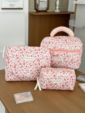 Florale Cord Kosmetiktasche Süße Rose Blume Make-up Organisator Tragbare Reise Waschbeutel Für Frauen Mädchen Weich Vintage