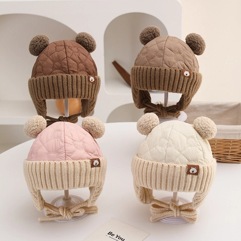 Kinder Cartoon Bär Winter Strickmütze Dick Warm Gehörschutz Fliegermütze Plüschbälle Outdoor Thermomütze Für Jungen Mädchen