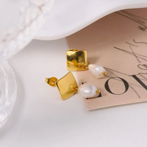 Titanium Steel Square Geometric Baroque Freshwater Pearl Dangle Earrings For Women Vintage Minimalist Niche Luxury Jewelry Gift
