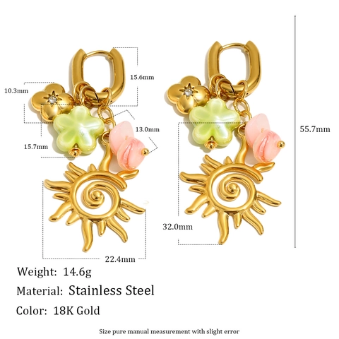 Orecchini Bohemien Sole Spirale Placcati Oro 18K Acciaio Inossidabile Fiore Resina Perla Vetro Gioielli Vintage