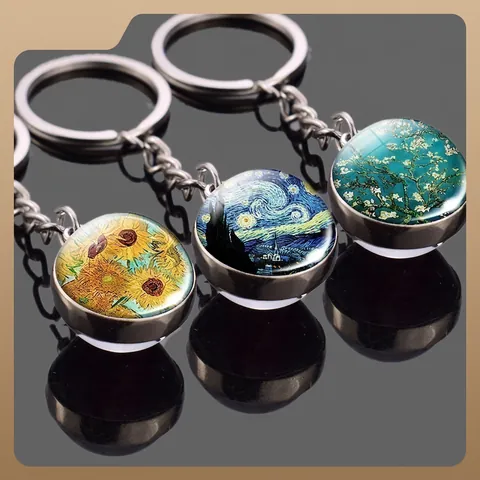 Vintage Vincent Van Gogh Art Oil Painting Keychain Silver Alloy Metal Glass Dome Pendant Keyring Artistic Souvenir Gift