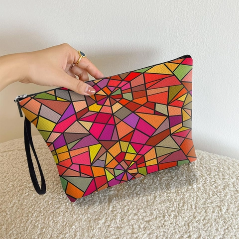 Beauty Case Artistico Con Motivi Geometrici Colorati In Lino Fine Organizzatore Da Viaggio Portatile Con Cinturino