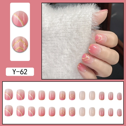 Unghie Finte A Pressione Sfumate Rosa Ombre Con Linee Glitter Oro Corte Tonde Unghie Artificiali Per Donne Stile Dolce