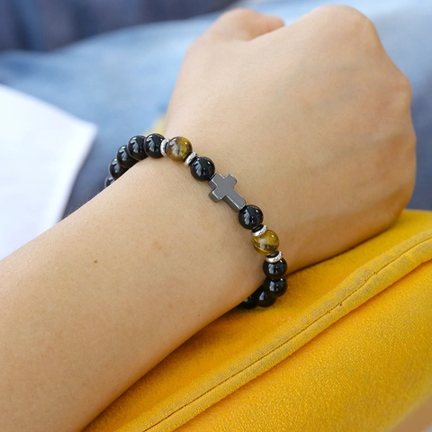 Bracciale Da Uomo In Pietra Naturale Occhio Di Tigre Ematite Con Ciondolo A Croce In Acciaio Inossidabile