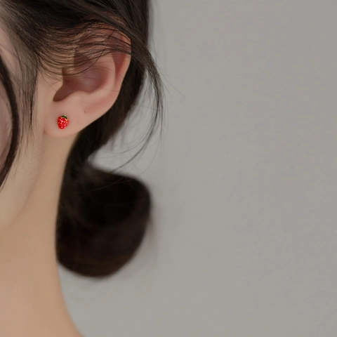 Strawberry Stud Earrings 925 Sterling Silver Enamel Cute Fruit Screw Back For Women Girls