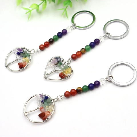 Portachiavi Albero Della Vita Pietra Naturale 7 Chakra Cristalli Guarigione Ciondolo Avvolto In Filo Per Borsa Gioielli