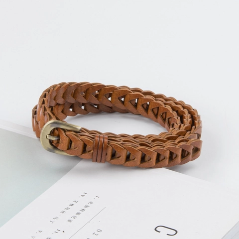 Women Woven Belt Faux Leather Alloy Pin Buckle Thin Retro Skinny Waistband For Jeans Dresses Sweaters Vintage Accessories