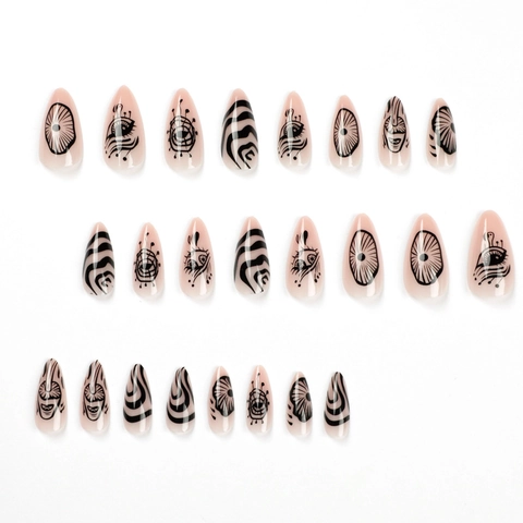 Press On Nagels Amandel Stiletto Vorm Handbeschilderde Ogen Golfpatroon Gothic Mystery Nude Roze Zwart Kunstmatige Nagels