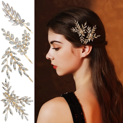 Elegant Gold Alloy Rhinestone Faux Artificial Pearl Hair Clip Leaf Branch Shape Wedding Bridal Party Hairpins Vintage Women Accessories