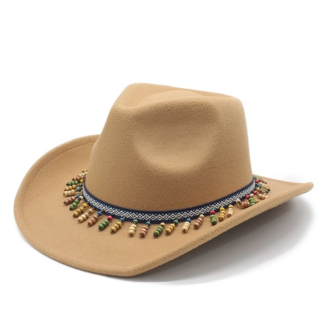 Chapeau De Cowboy Western En Feutre À Large Bord Ruban Ethnique À Perles Gland Style Bohème Vintage