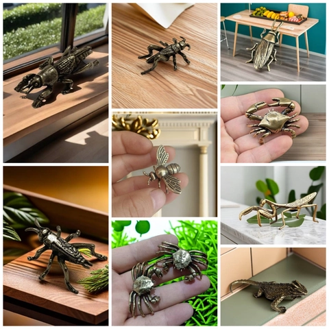 Mini Figurine Animale Insecte Réaliste Ornement Métal Alliage Laiton Vintage Décoration Table Antique Scarabée Mante Abeille Crabe
